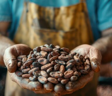 Close-up of a Farmer's Hands Holding Cocoa Beans